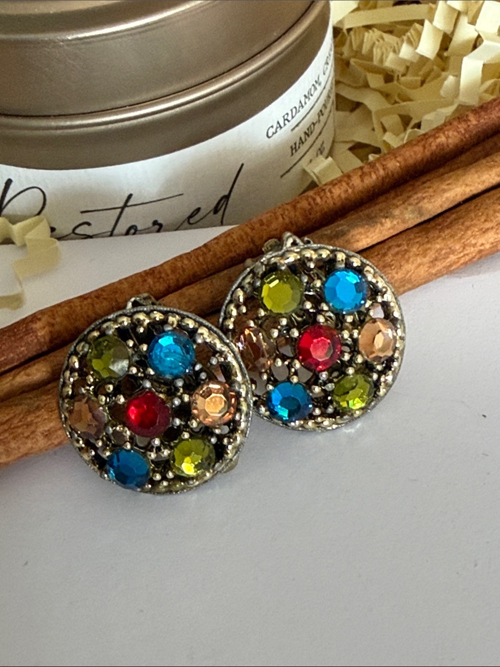 Multicolor Crystal Round Clip-On Earrings by Albert Weiss
